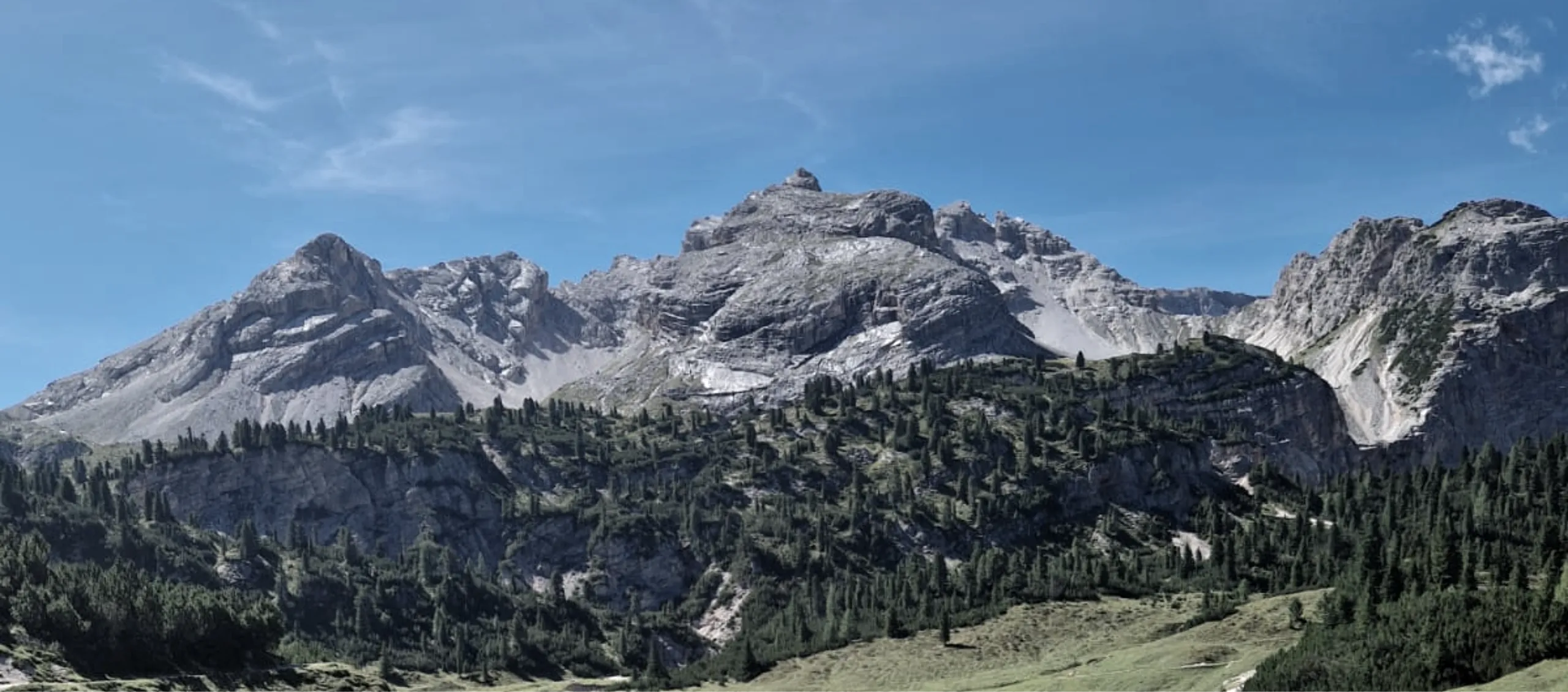 Alpenpanorama mit felsigen Gipfeln, Wald und blauem Himmel